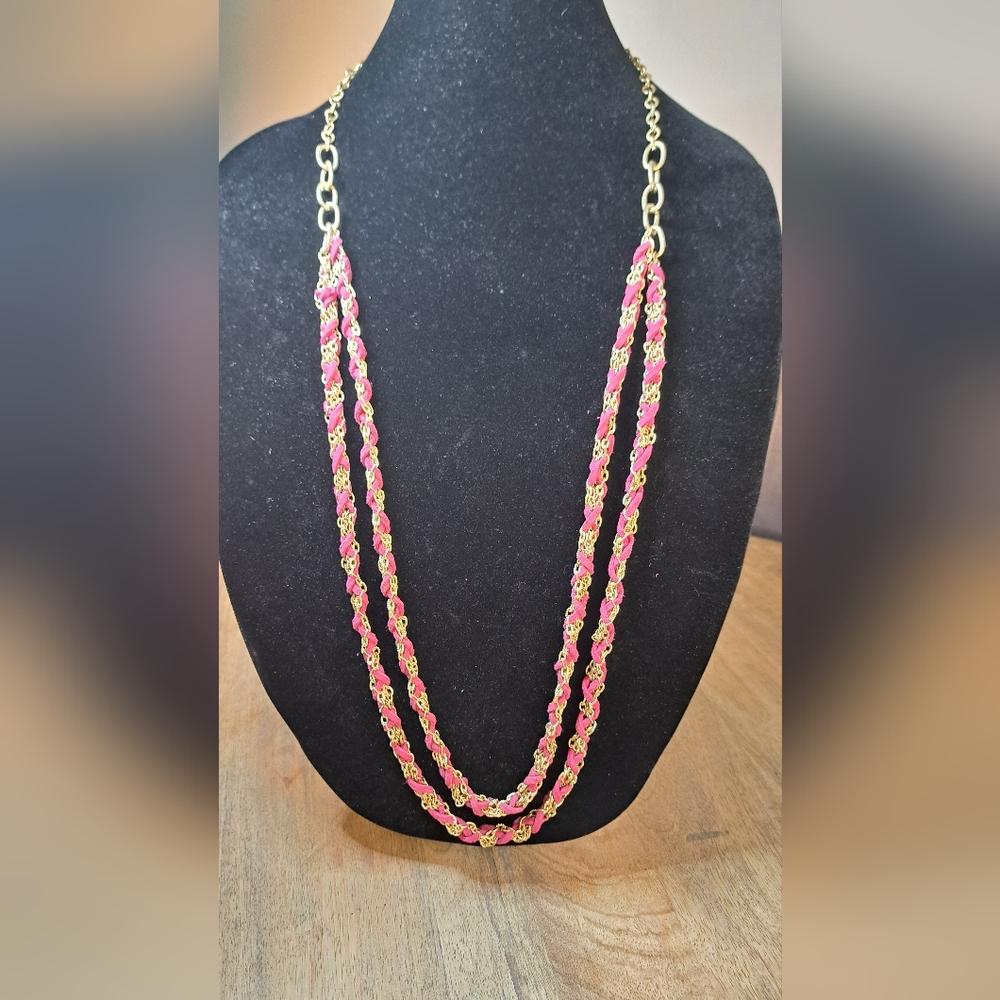Braided Pink Suede and Gold Double Strand Necklace